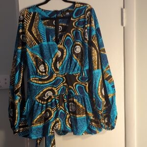 Omi Long Sleeve Blue/Gold Patterned Peplum Blouse
